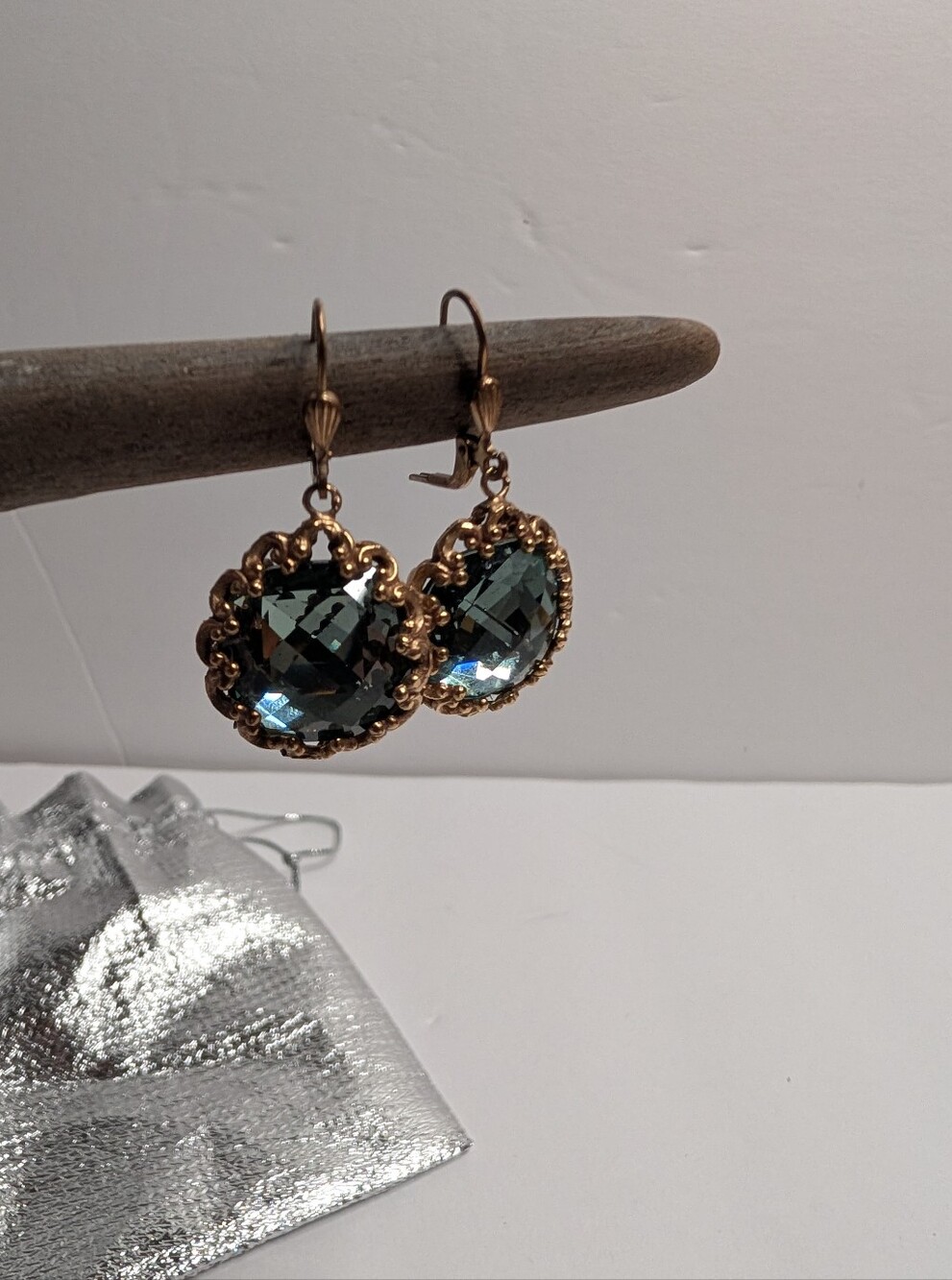 Gold-Trim Blue Crystal Drop Earrings - Women Jewelry